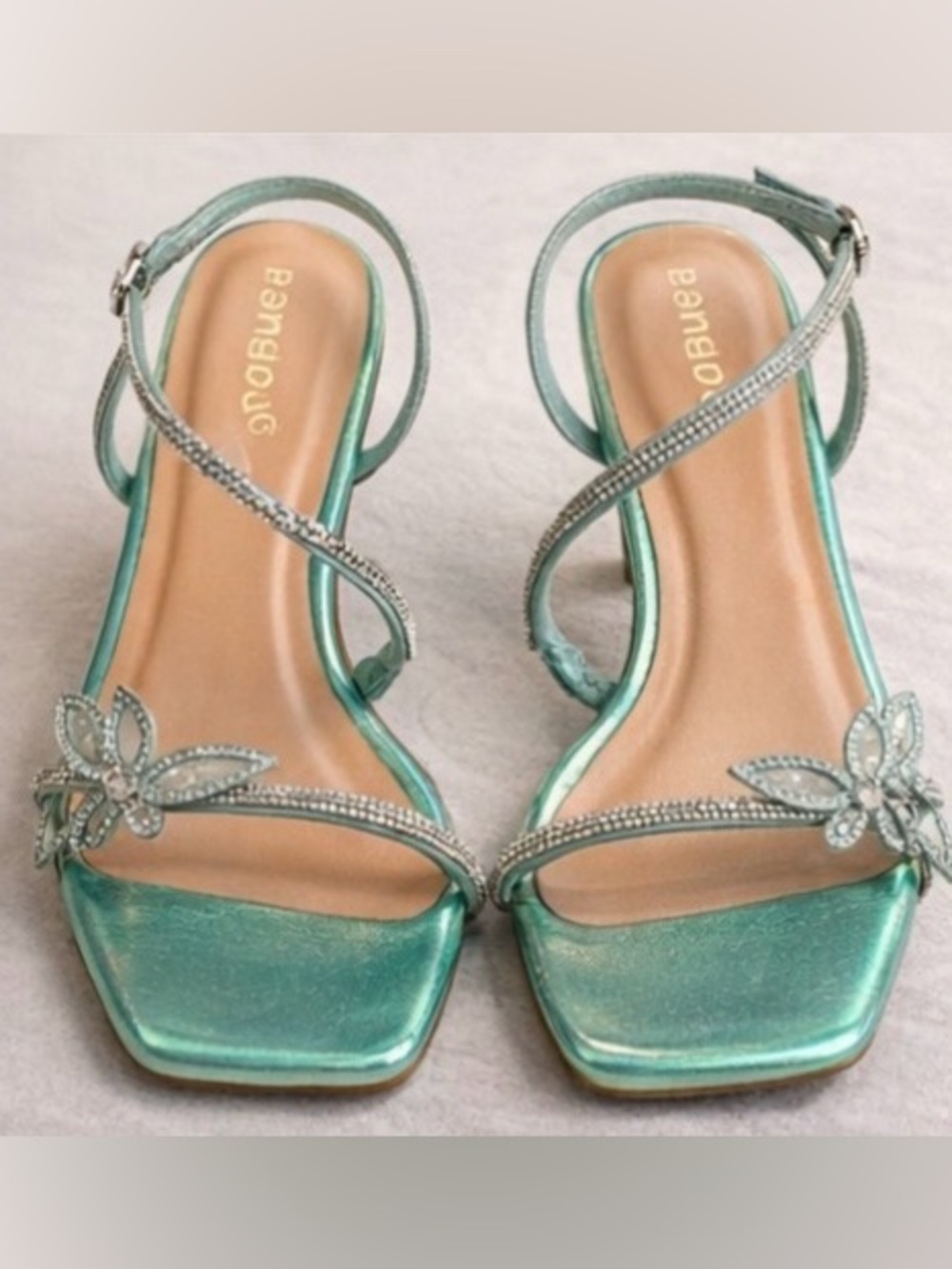 Mint Green Rhinestone Floral Ankle-Strap Heels - Women's Dress Sandals - Picture 4 of 5